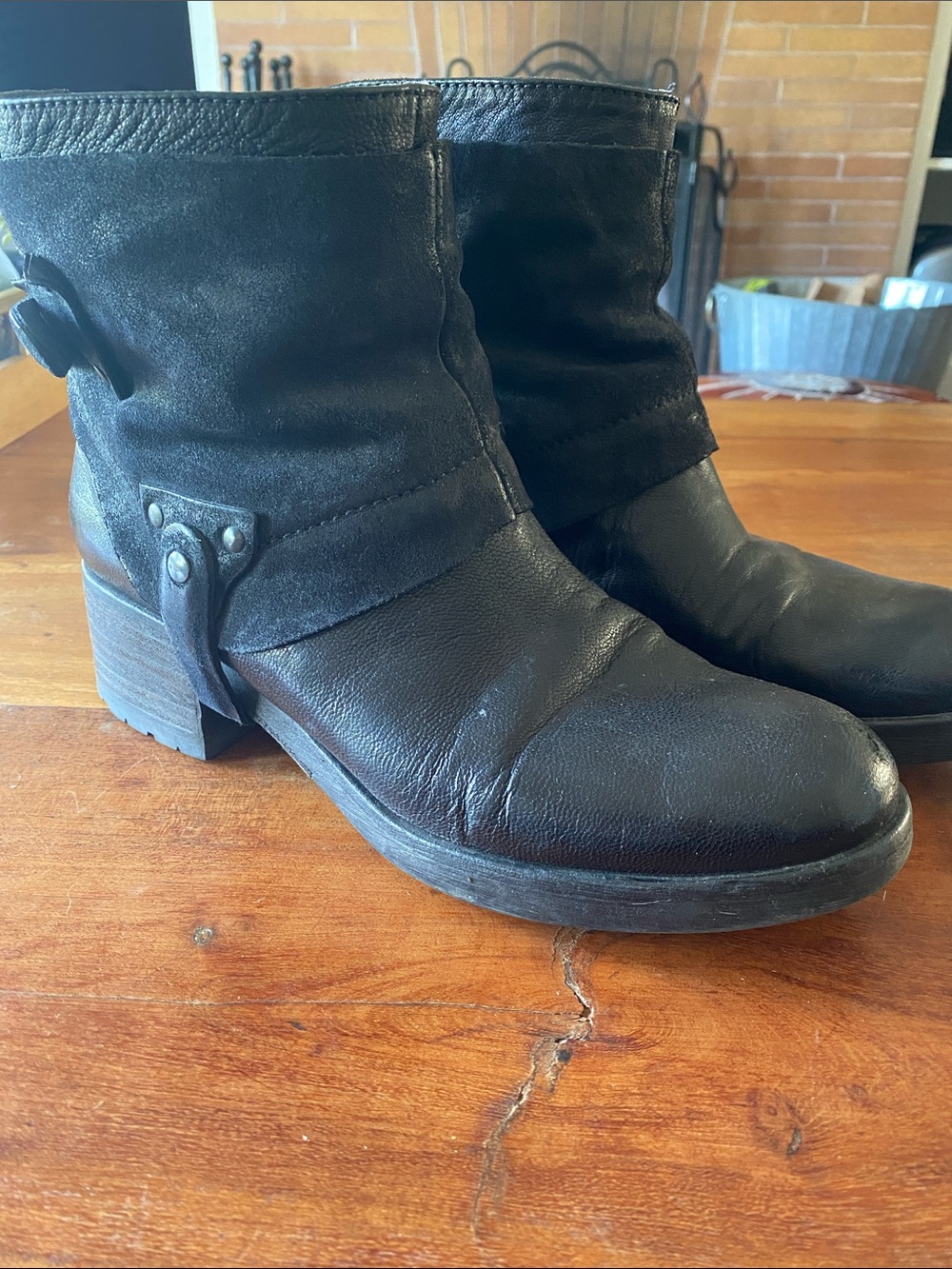 Vera Wang Black Leather & Suede Ankle Booties with Buckle Accent